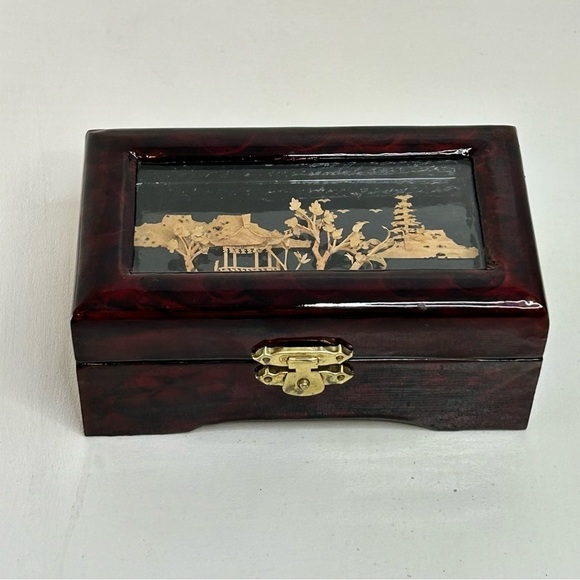 Oriental Hand Carved Pagoda Diorama Cork Art Wooden Trinket Jewelry Box Glass - Picture 7 of 9